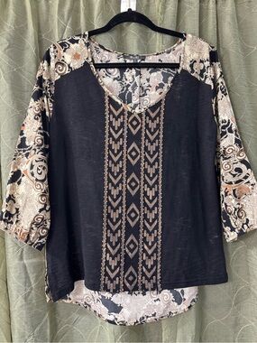 Miss Me Black Top with Beige and Tan Paisley Accents